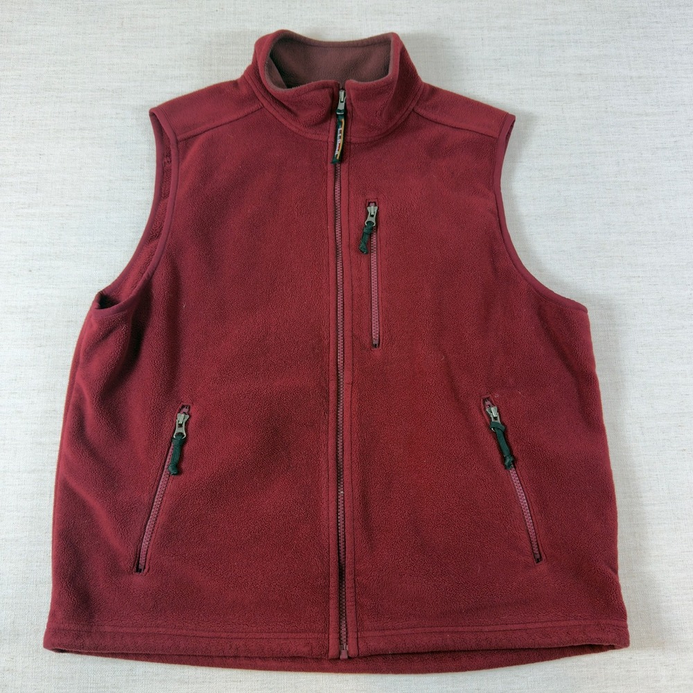 LL Bean Mens Fleece Vest Burgundy Red Full Zip Pockets Mock Neck Outdoor Layer
